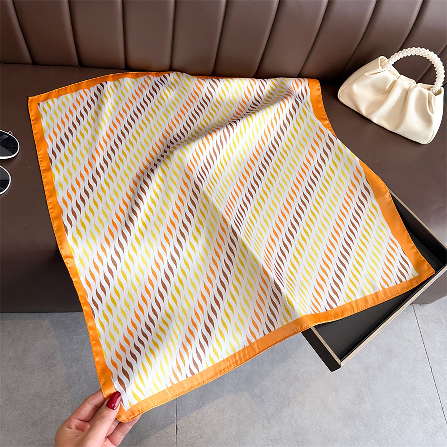 Women Satin Square Scarf with Modern Wavy Print Soft Accessory 27.5¡Á27.5inches