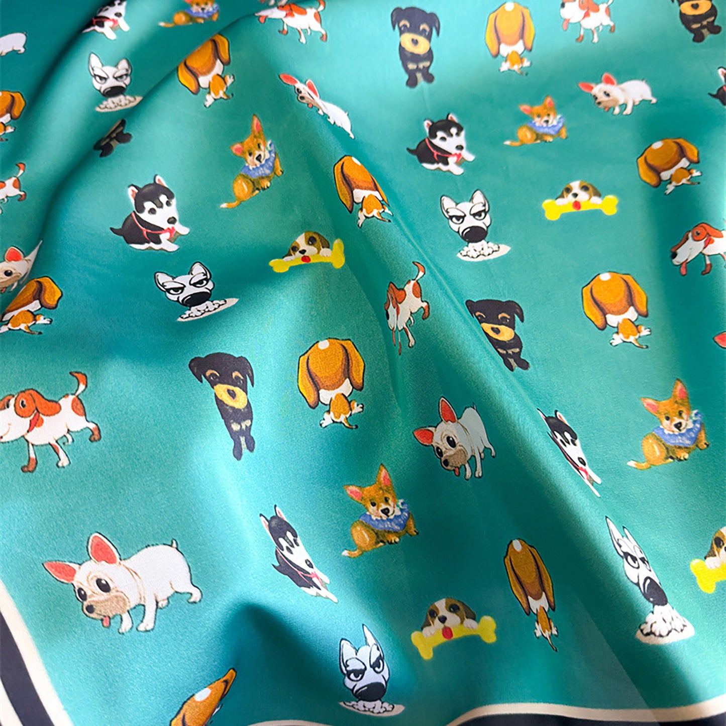 Women Satin Square Scarf with Dog Print Border Design Lightweight Accessory 27.5¡Á27.5inches