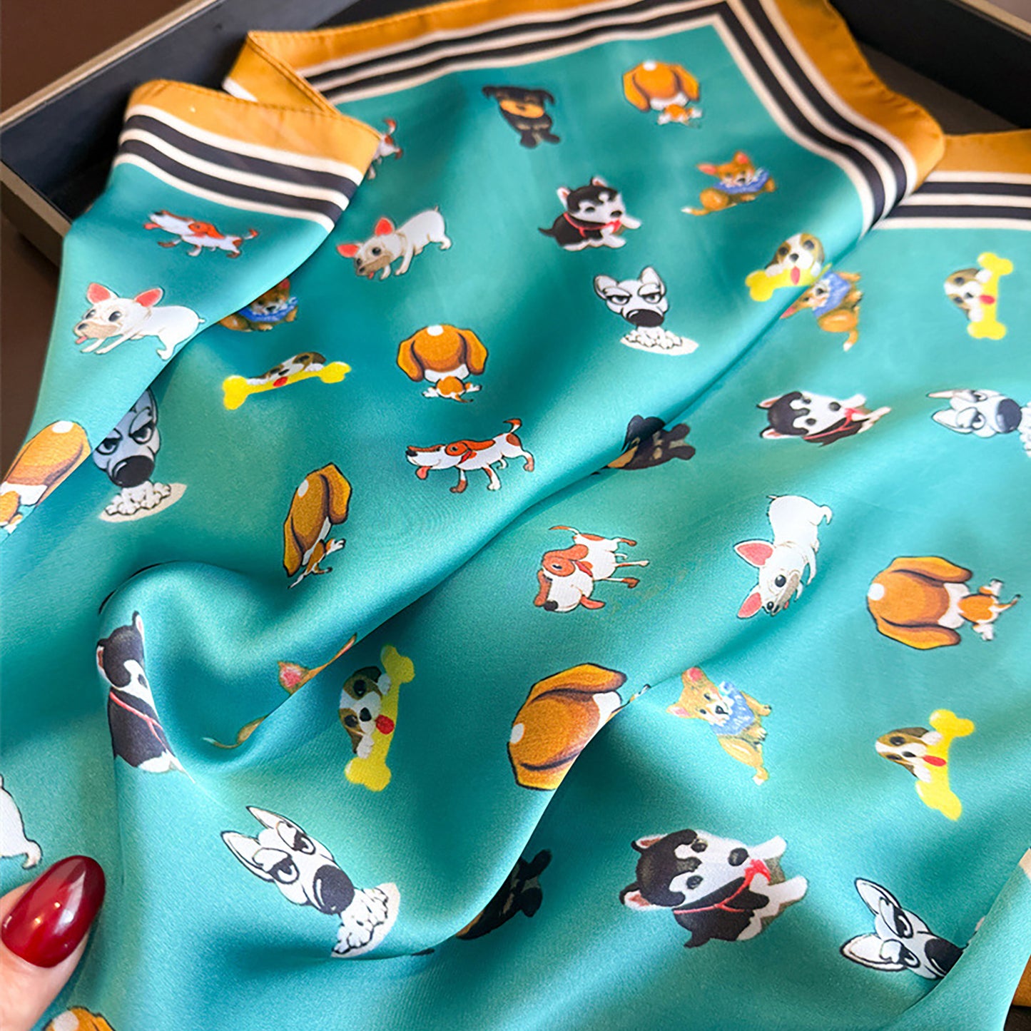 Women Satin Square Scarf with Dog Print Border Design Lightweight Accessory 27.5¡Á27.5inches