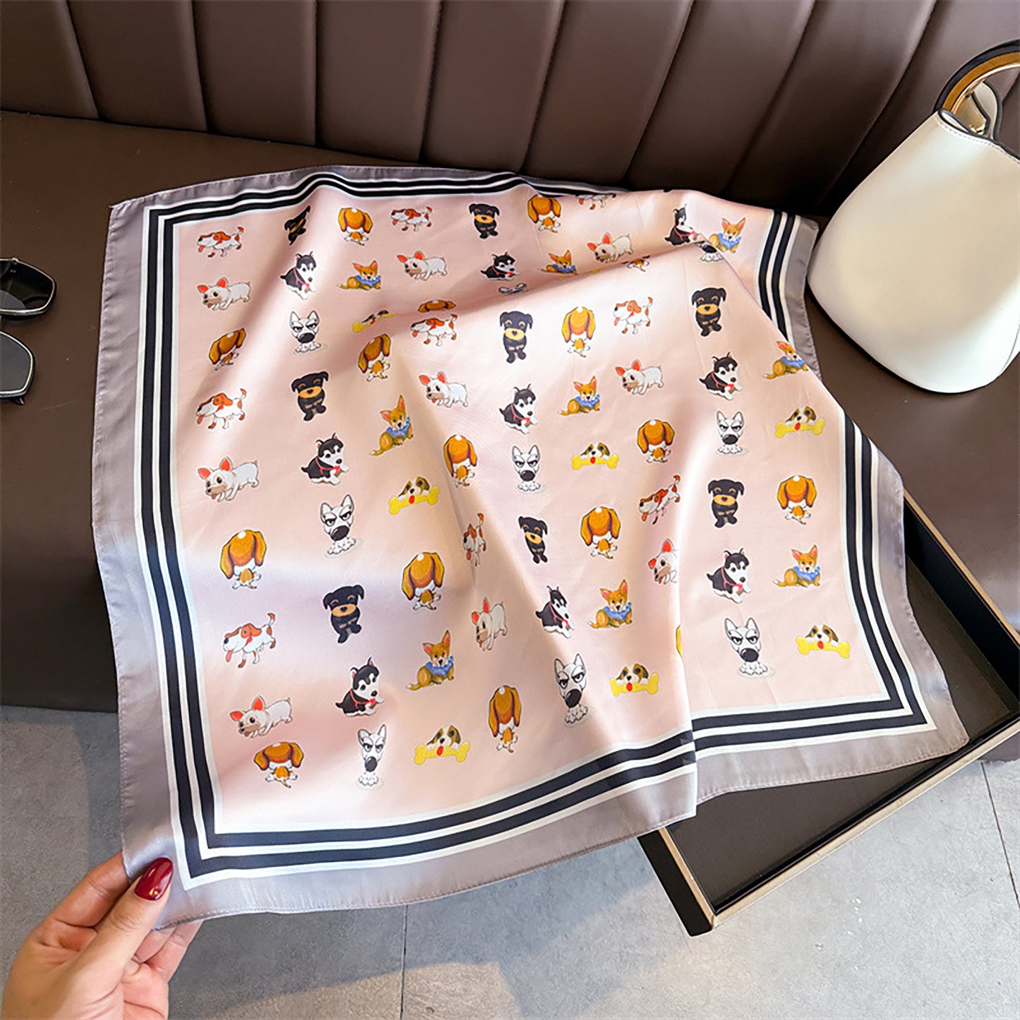 Women Satin Square Scarf with Dog Print Border Design Lightweight Accessory 27.5¡Á27.5inches