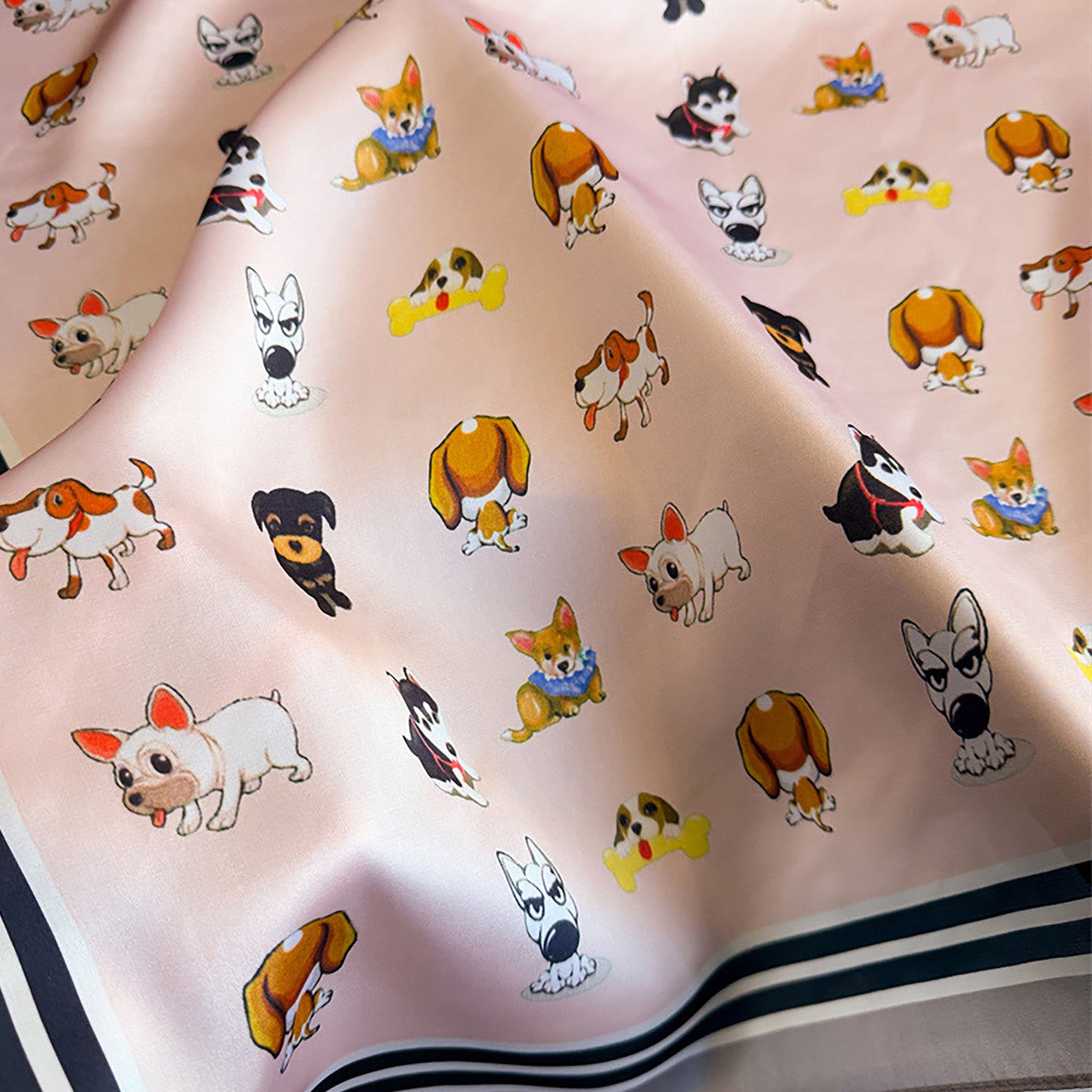 Women Satin Square Scarf with Dog Print Border Design Lightweight Accessory 27.5¡Á27.5inches