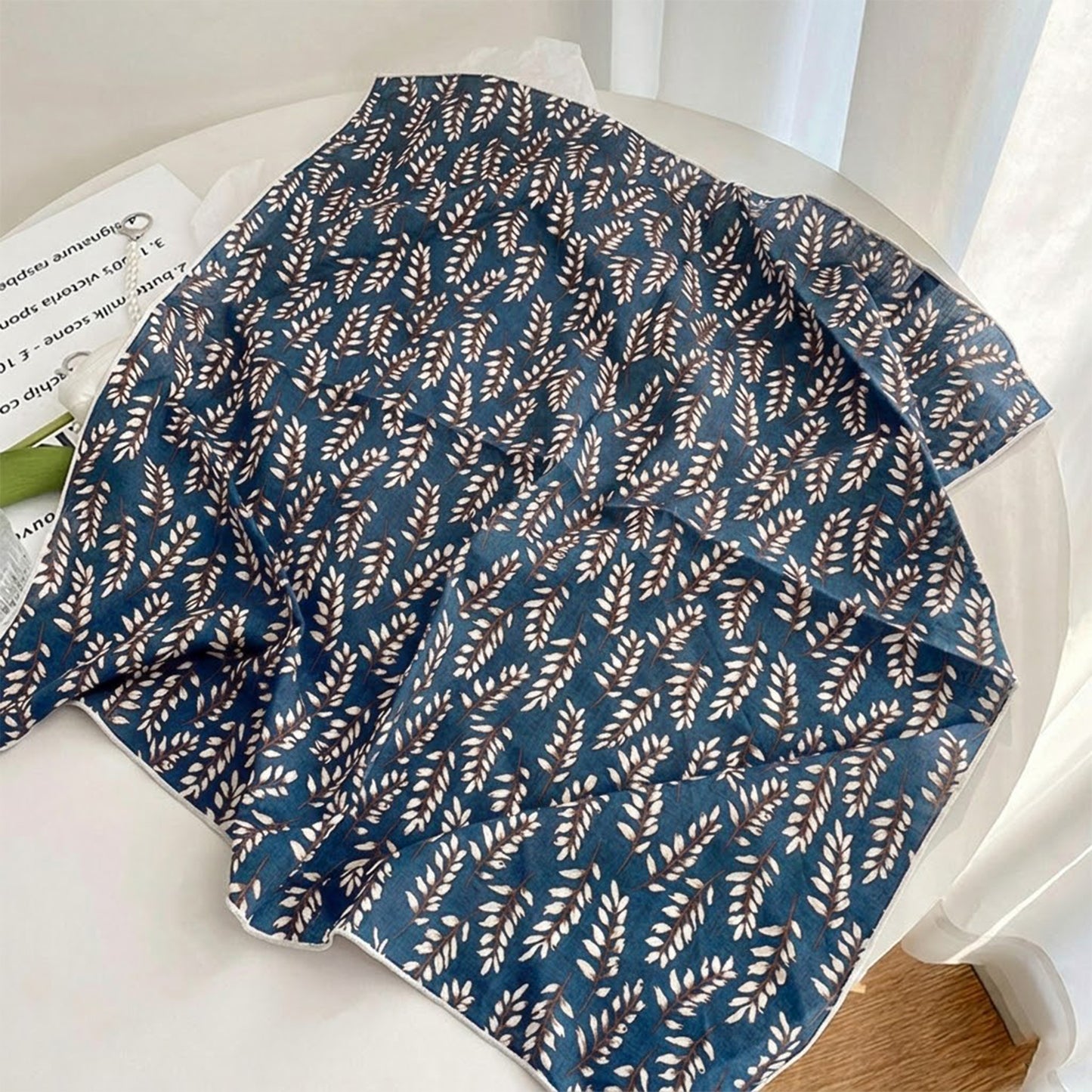 Cotton Linen Leaf Print Lightweight Square Scarf Soft Breathable Fashion Wrap