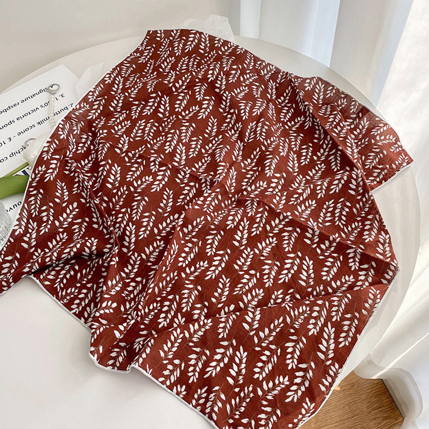 Cotton Linen Leaf Print Lightweight Square Scarf Soft Breathable Fashion Wrap