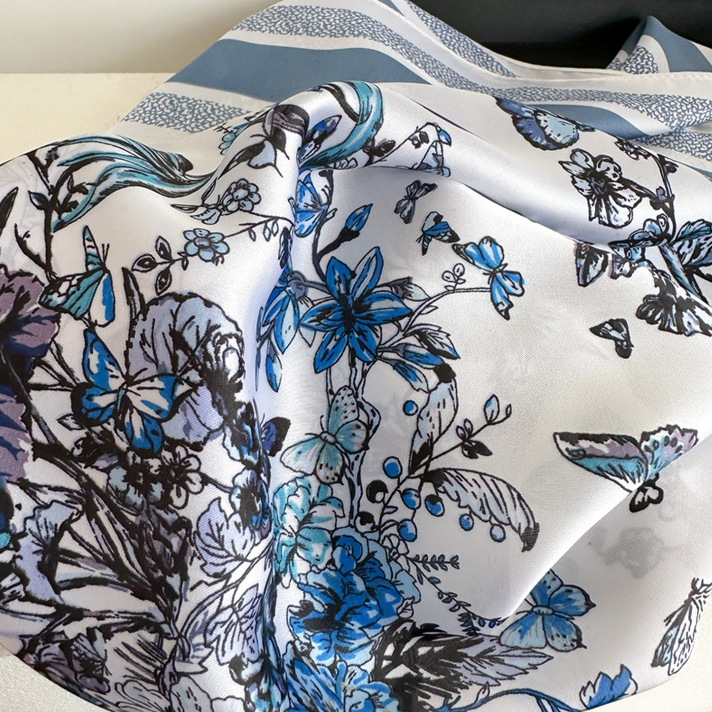 Satin Floral Butterfly Print Square Scarf Elegant Fashion Neck Wrap