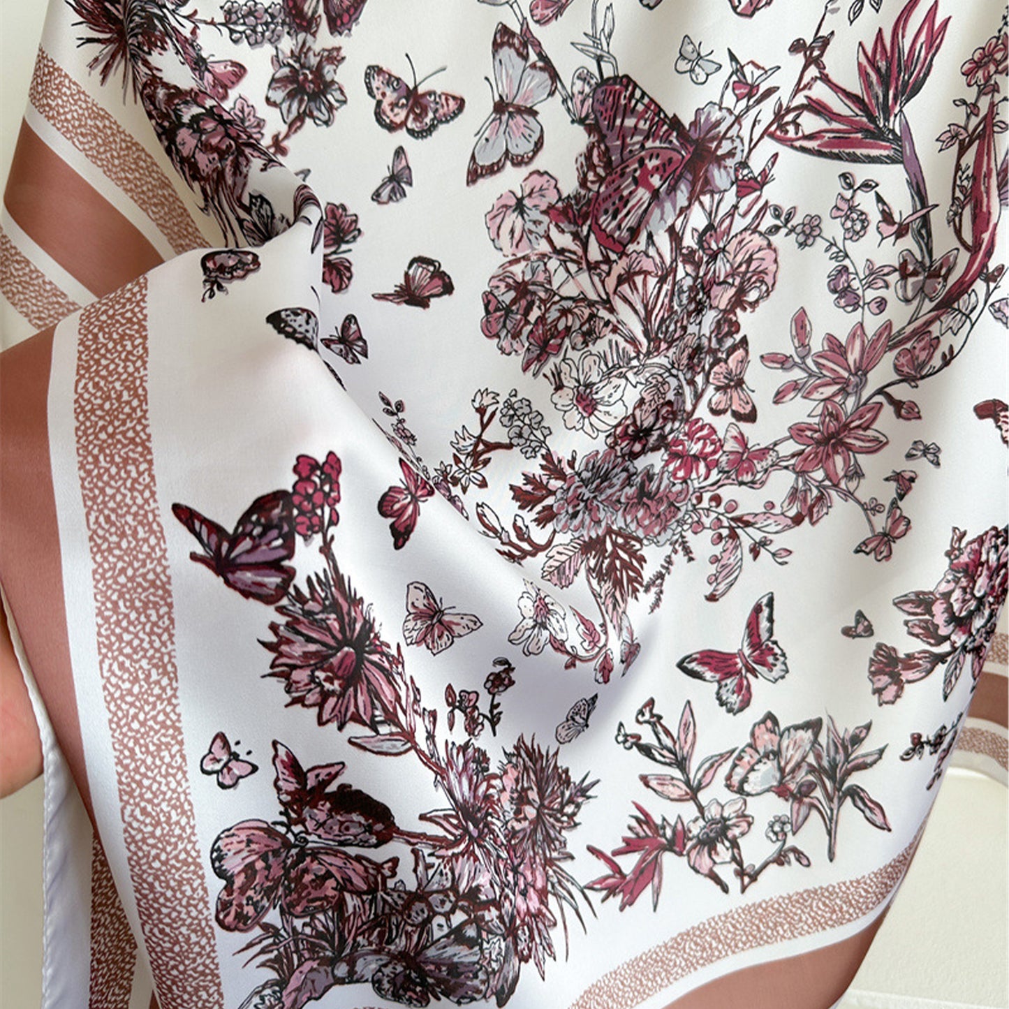 Satin Floral Butterfly Print Square Scarf Elegant Fashion Neck Wrap
