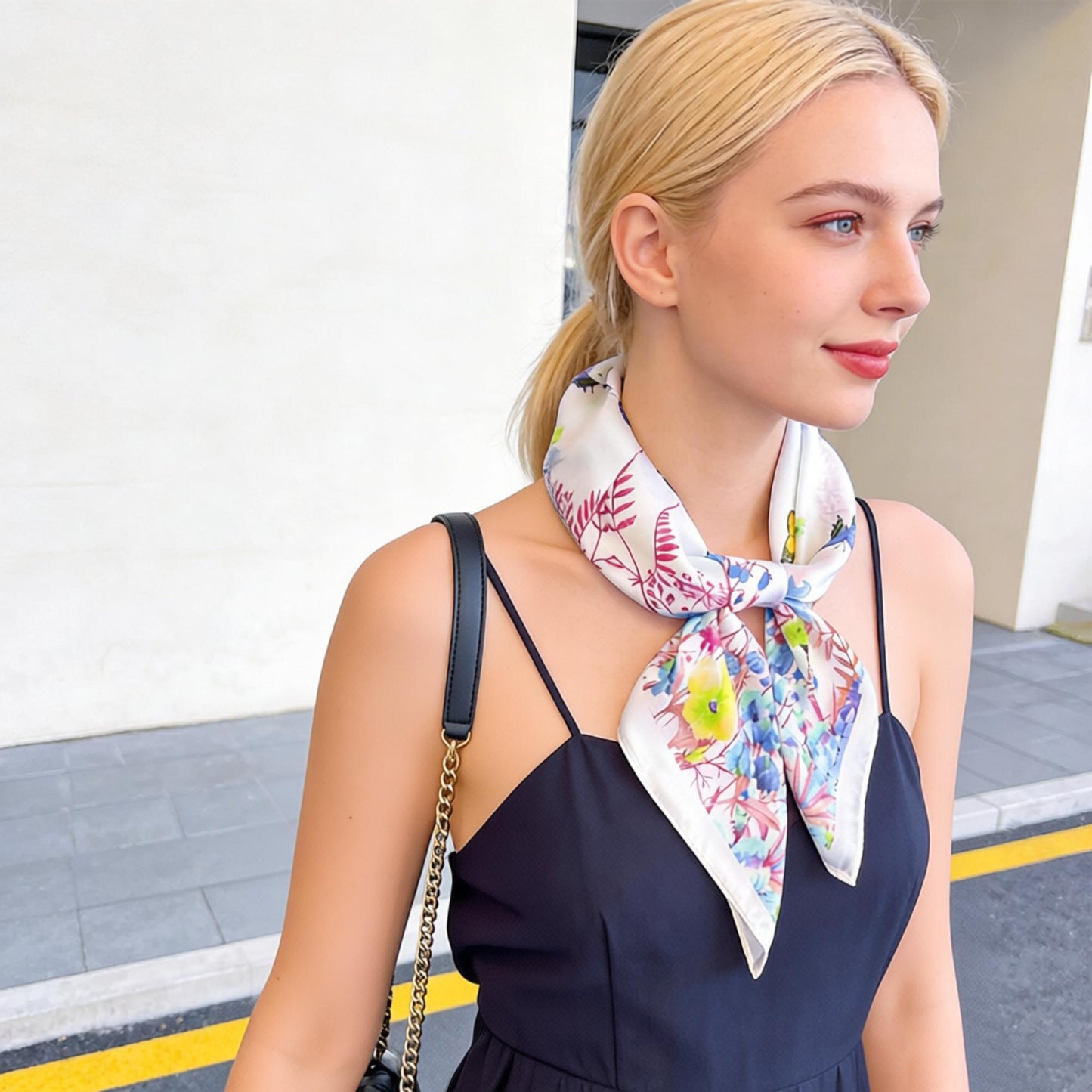 Satin Floral Butterfly Print Square Scarf Lightweight Elegant Neck Wrap