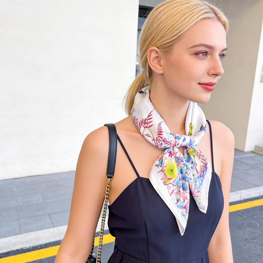 Satin Floral Butterfly Print Square Scarf Lightweight Elegant Neck Wrap