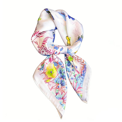 Satin Floral Butterfly Print Square Scarf Lightweight Elegant Neck Wrap