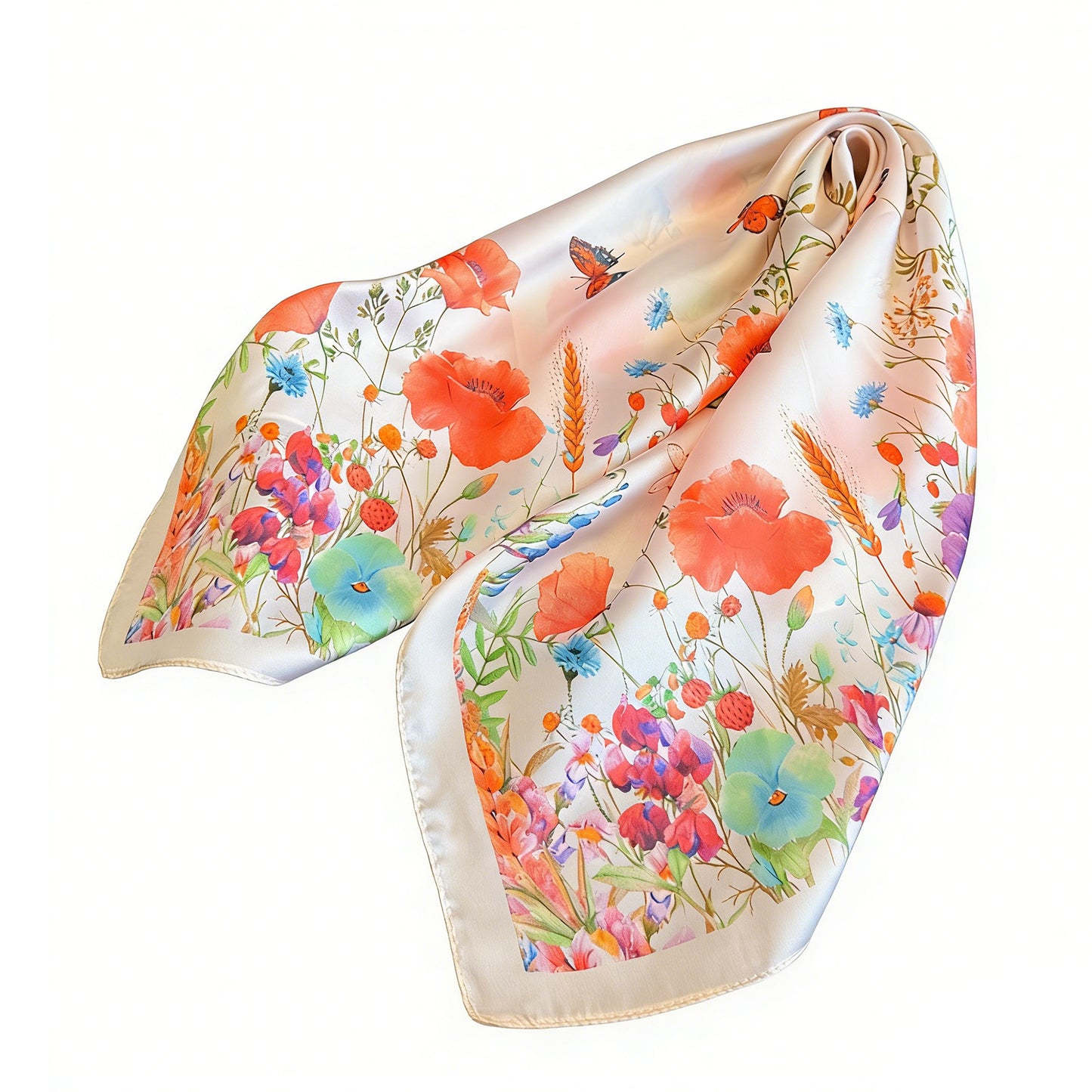 Satin Floral Butterfly Print Square Scarf Lightweight Elegant Neck Wrap