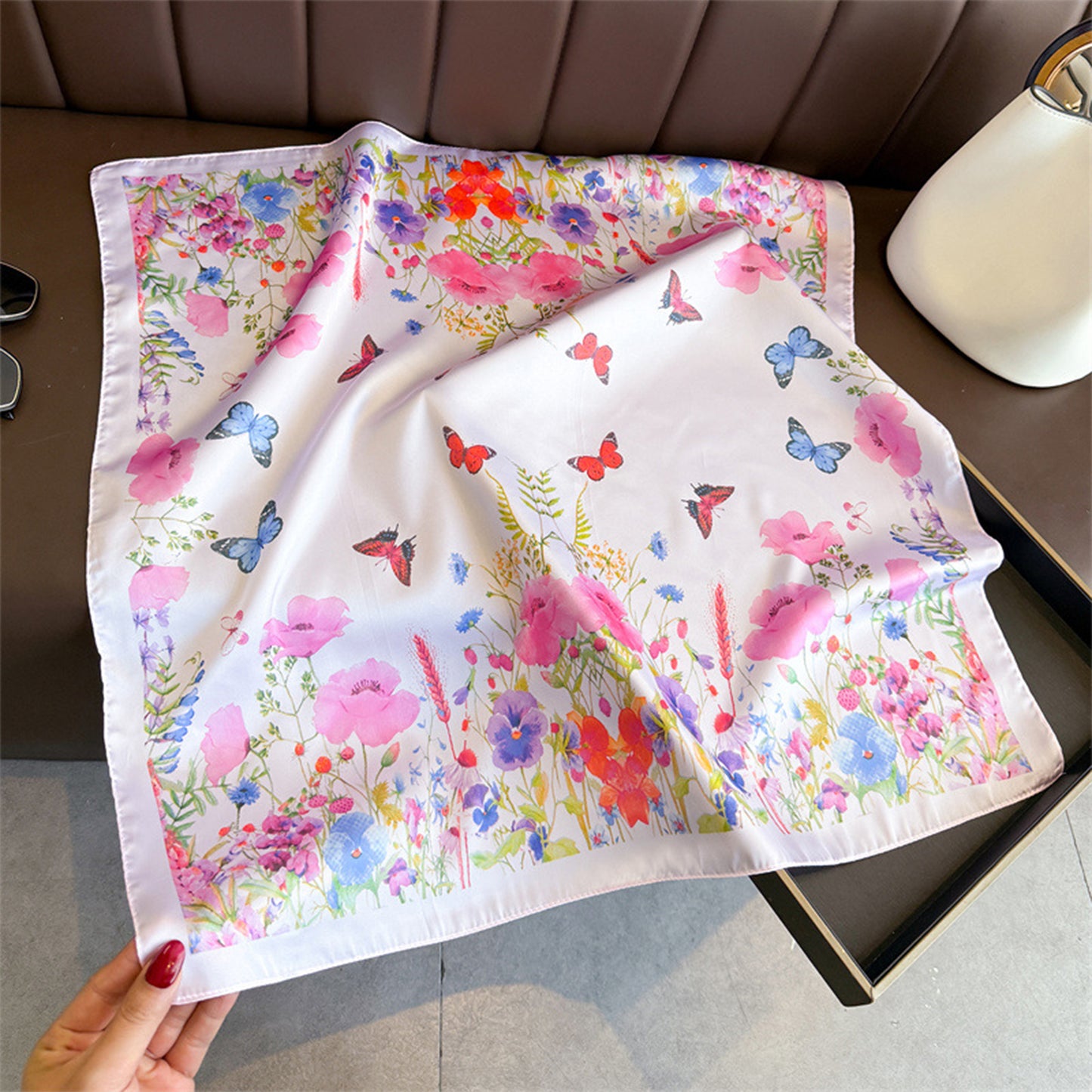 Satin Floral Butterfly Print Square Scarf Lightweight Elegant Neck Wrap