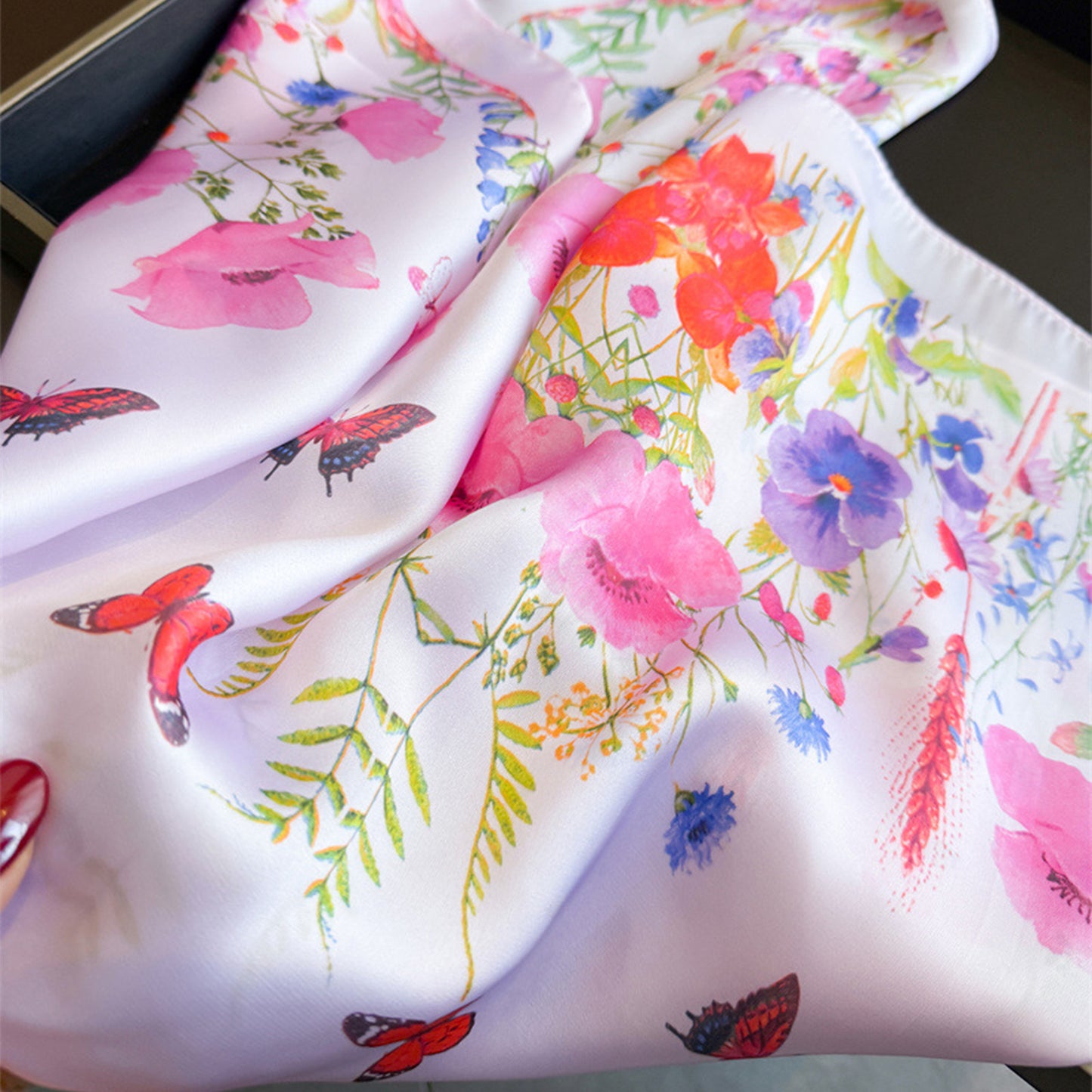 Satin Floral Butterfly Print Square Scarf Lightweight Elegant Neck Wrap