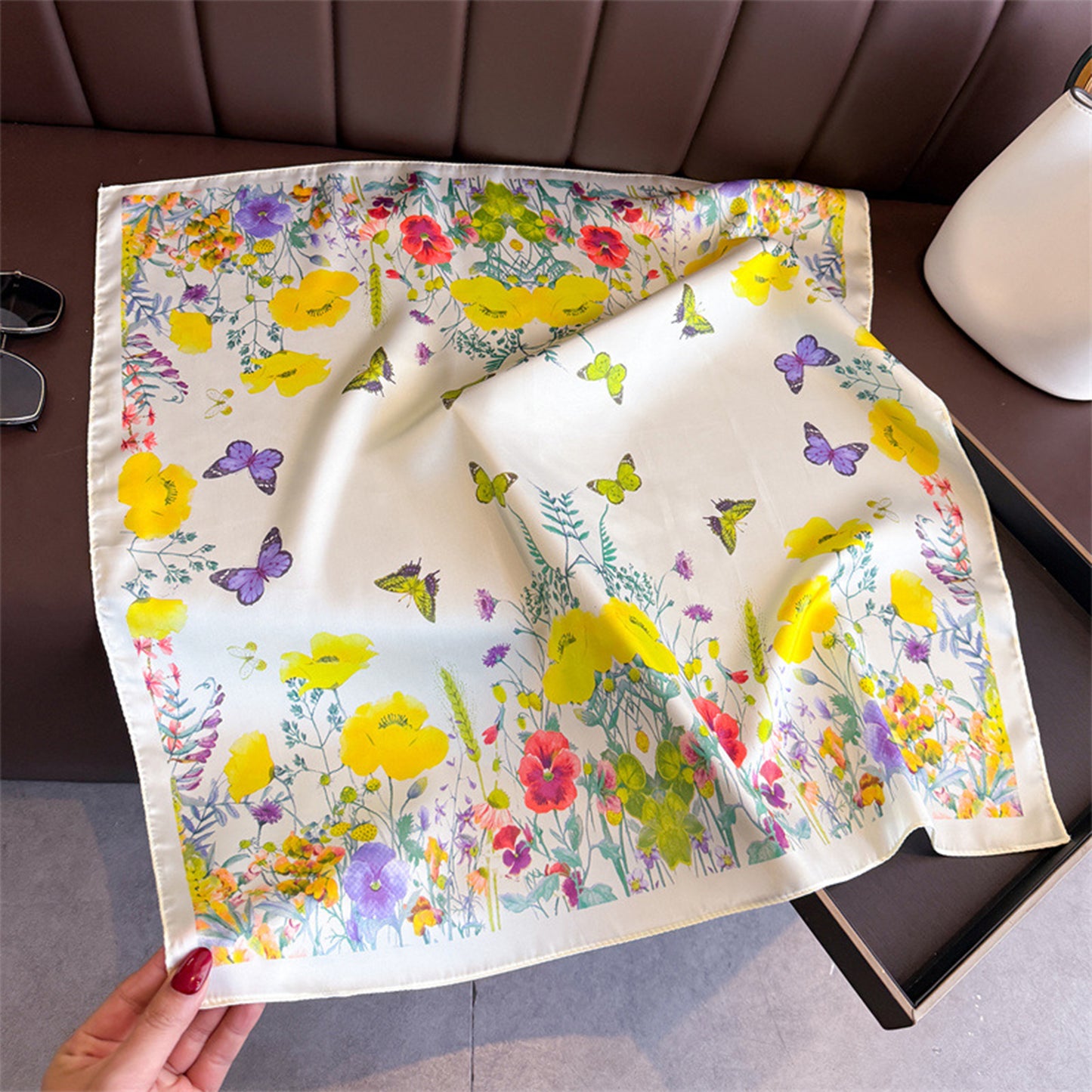 Satin Floral Butterfly Print Square Scarf Lightweight Elegant Neck Wrap