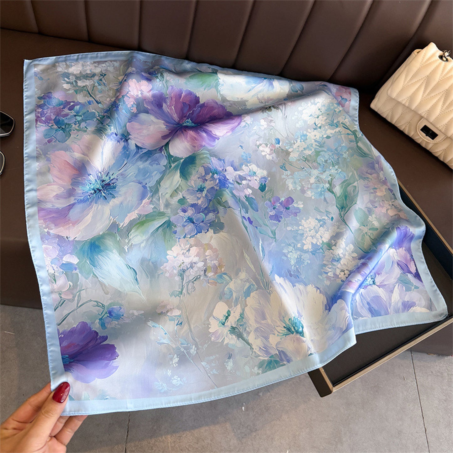 Satin Watercolor Floral Square Scarf Lightweight Elegant Neck Wrap