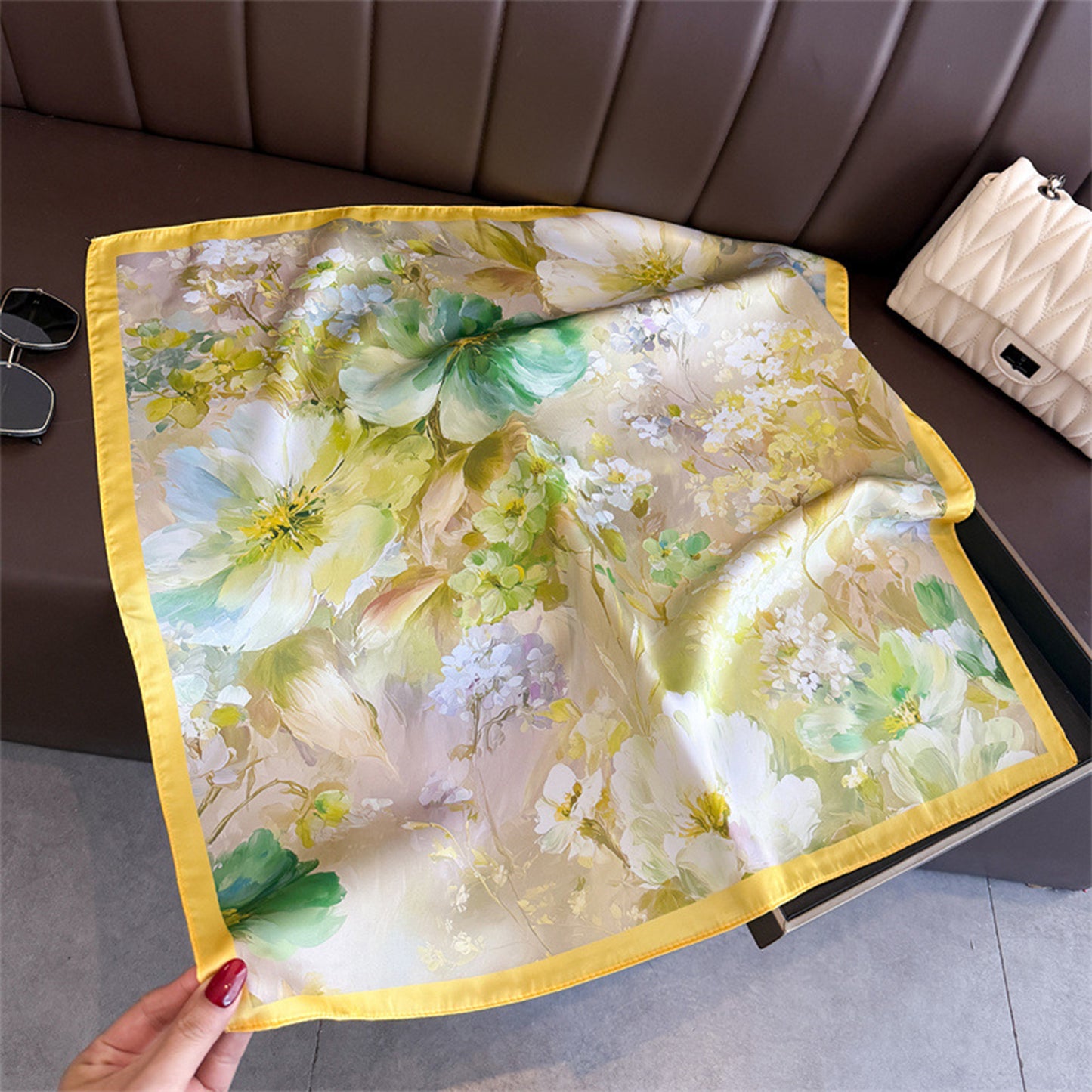 Satin Watercolor Floral Square Scarf Lightweight Elegant Neck Wrap