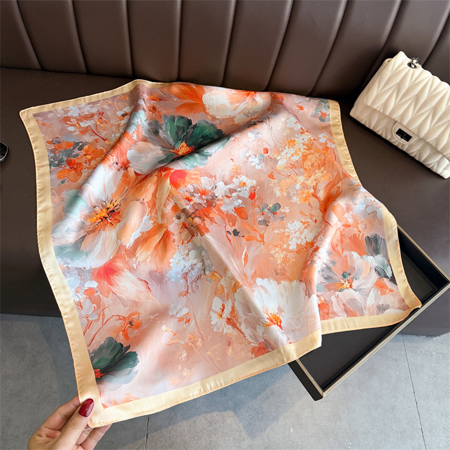 Satin Watercolor Floral Square Scarf Lightweight Elegant Neck Wrap