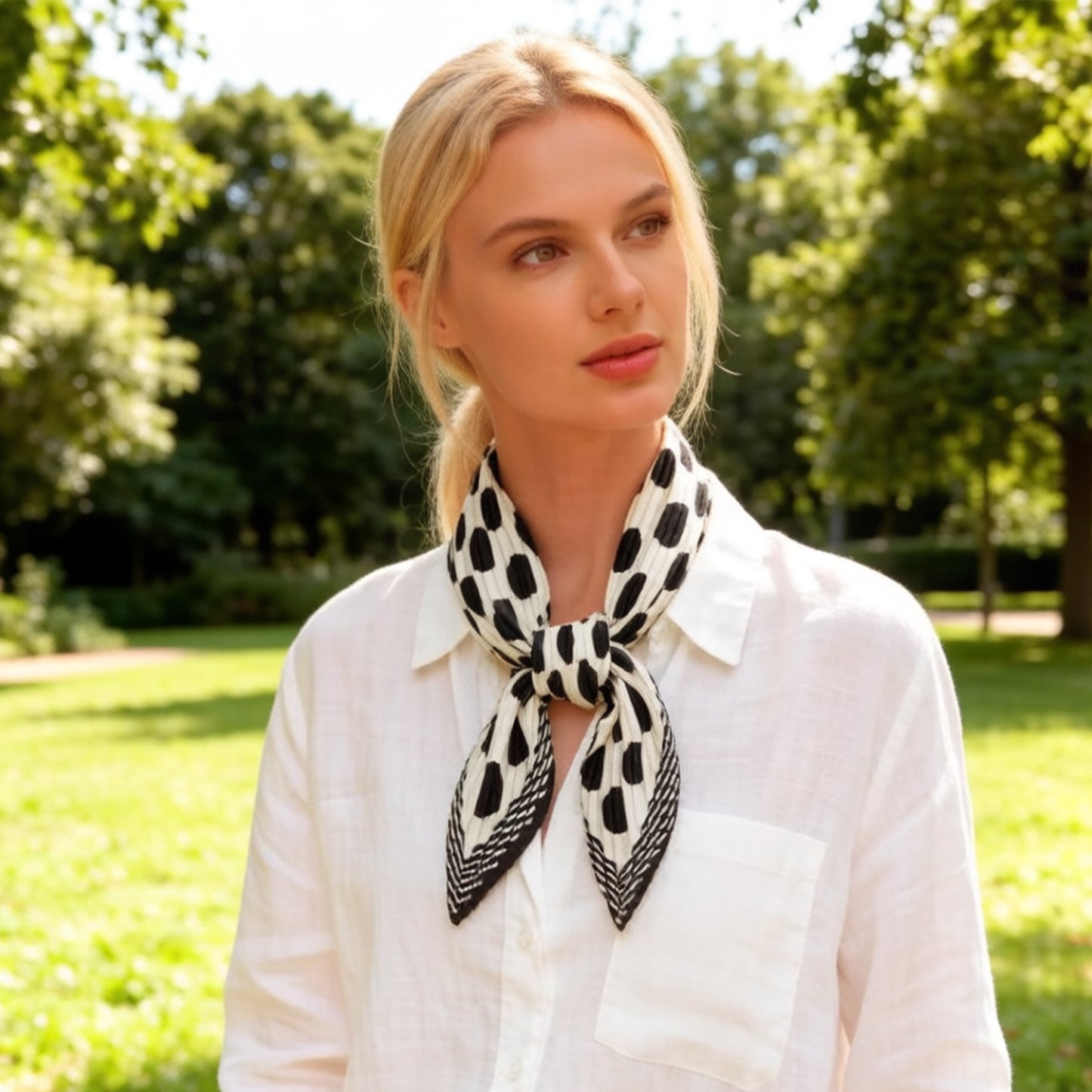 Pleated Polka Dot Square Scarf Elegant Geometric Print Neck Wrap