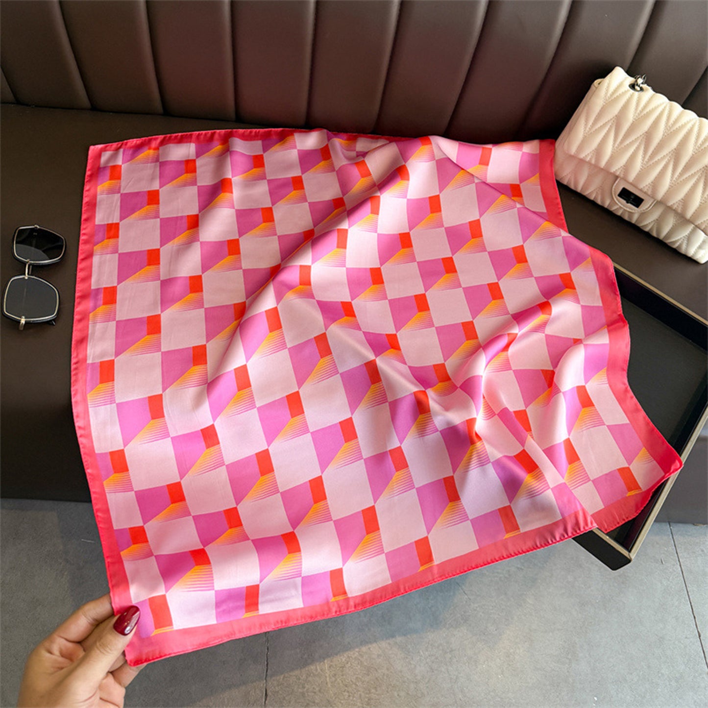 Geometric Square Scarf Modern Checkerboard Print Fashion Neck Wrap