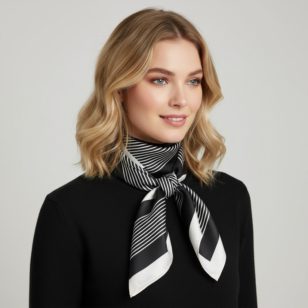 Square Satin Neck Scarf Black and White Geometric Stripe Print 27.5 Inch