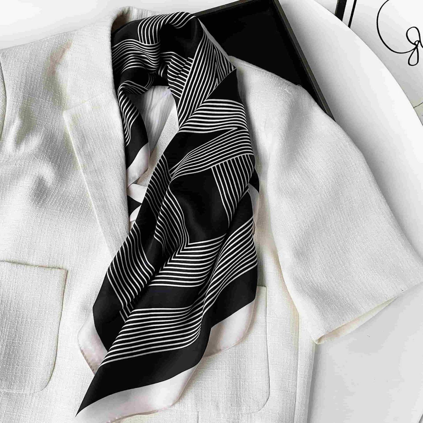 Square Satin Neck Scarf Black and White Geometric Stripe Print 27.5 Inch