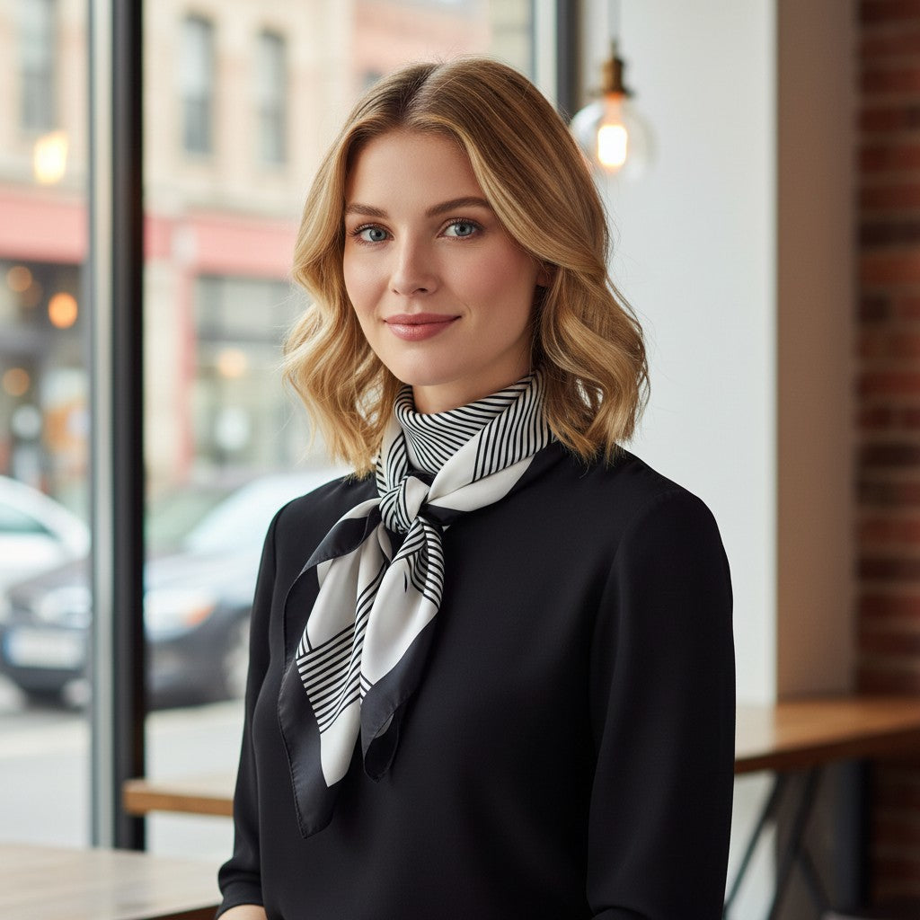 Square Satin Neck Scarf Black and White Geometric Stripe Print 27.5 Inch