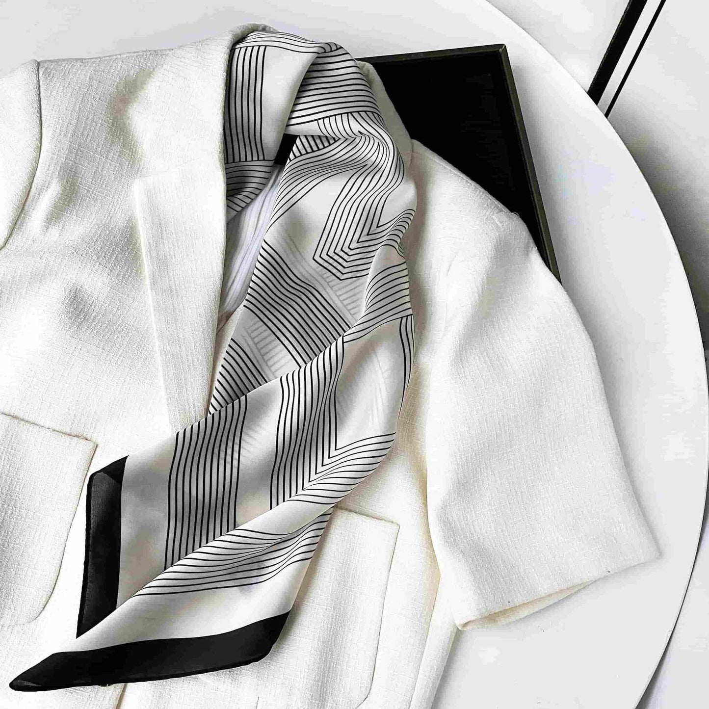 Square Satin Neck Scarf Black and White Geometric Stripe Print 27.5 Inch