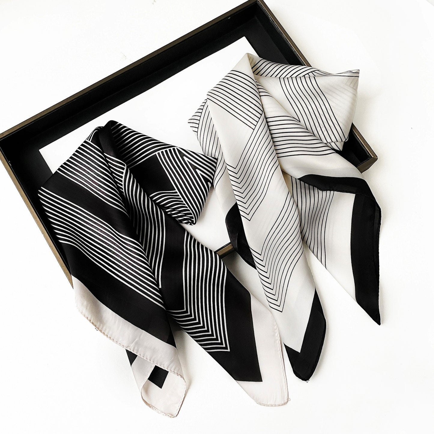 Square Satin Neck Scarf Black and White Geometric Stripe Print 27.5 Inch