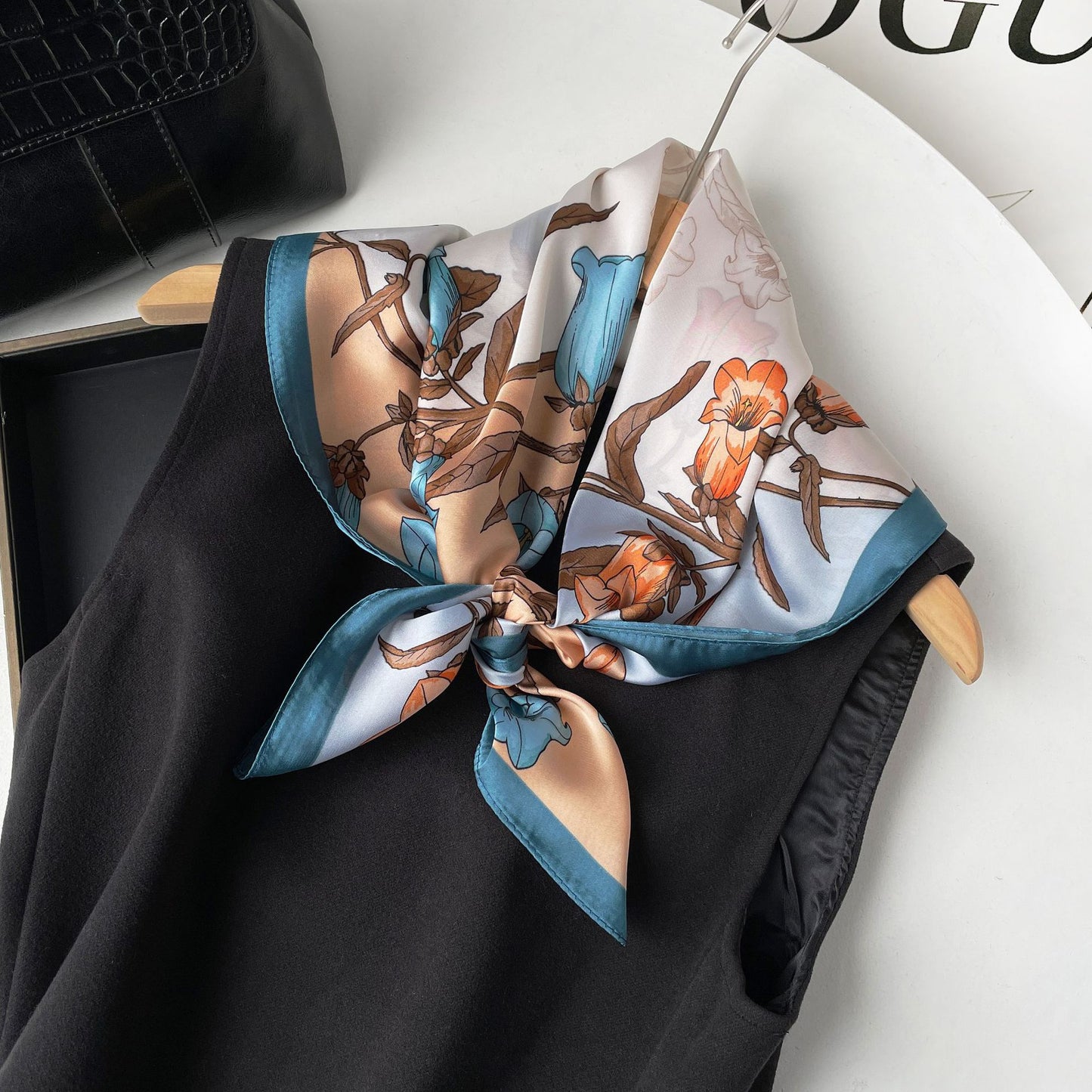 Square Floral Silk Feel Scarf Lightweight Botanical Neck Hair Wrap 27.5 Inch