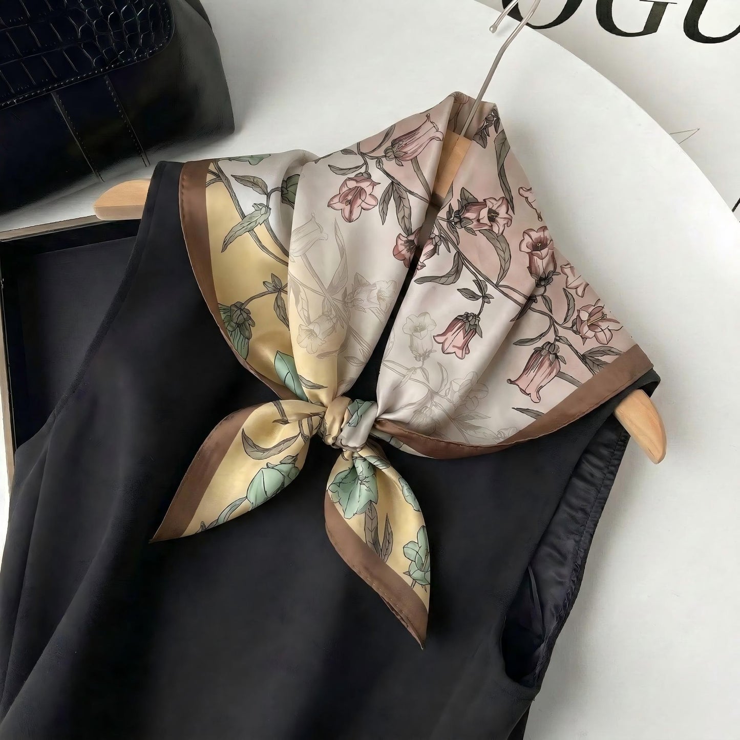 Square Floral Silk Feel Scarf Lightweight Botanical Neck Hair Wrap 27.5 Inch