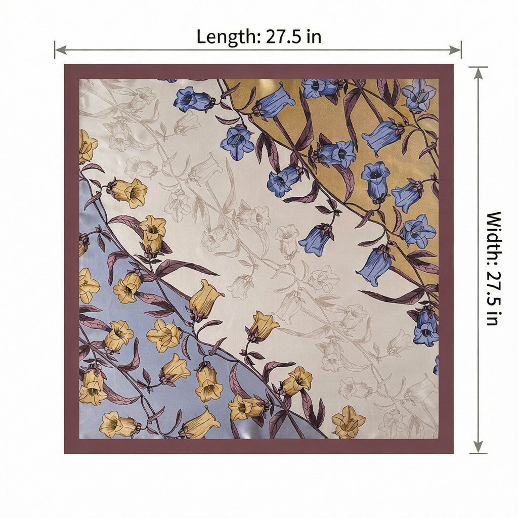 Square Floral Silk Feel Scarf Lightweight Botanical Neck Hair Wrap 27.5 Inch