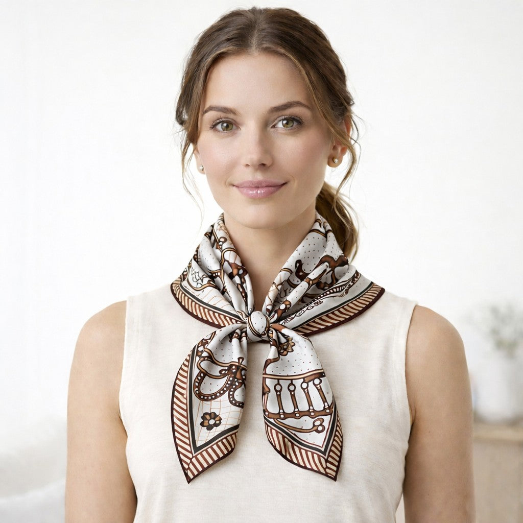 Equestrian Print Silk Feel Satin Square Scarf Lightweight Neck Wrap 27.5 Inches
