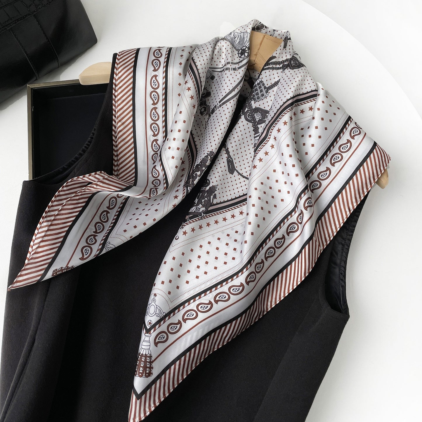 Equestrian Print Silk Feel Satin Square Scarf Lightweight Neck Wrap 27.5 Inches