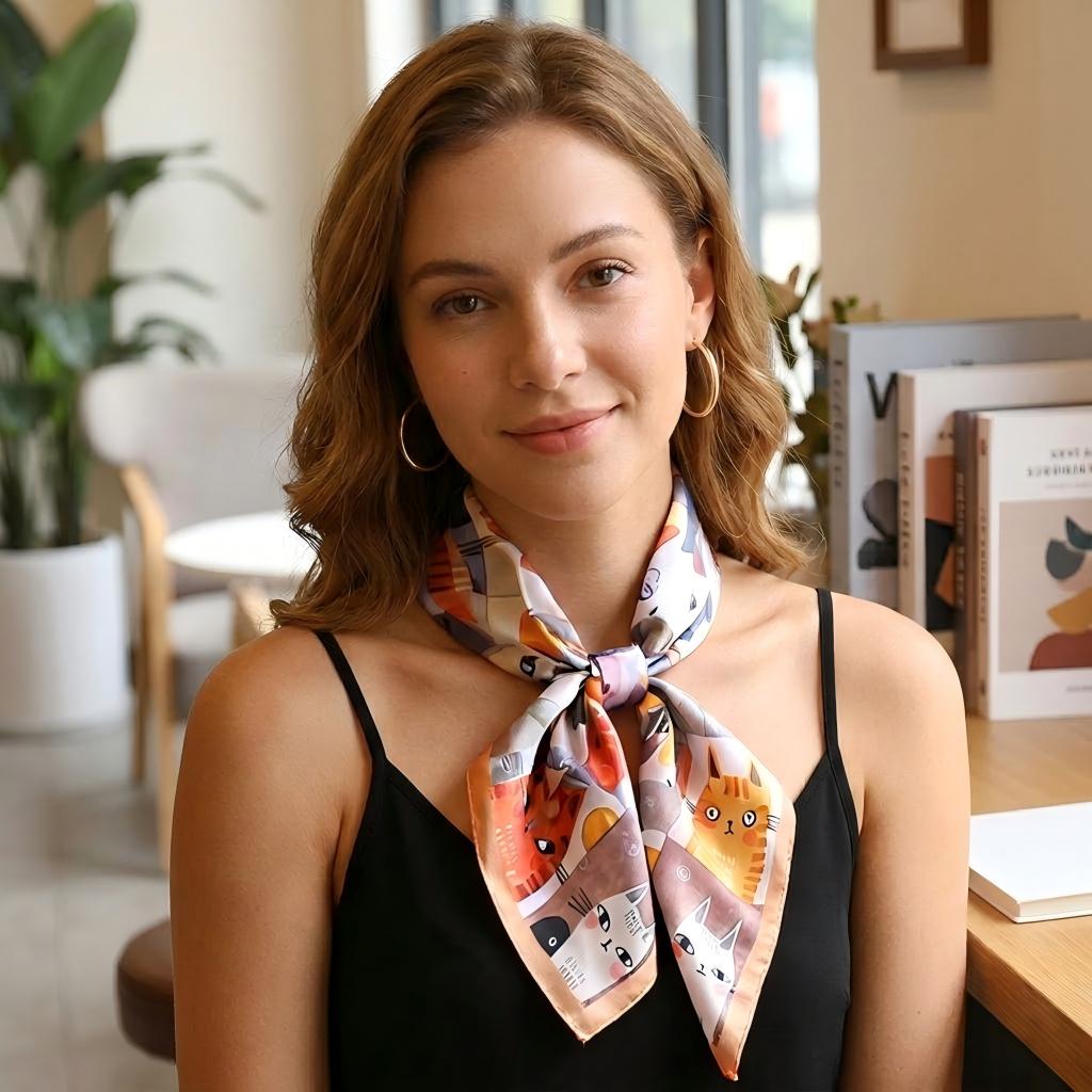 Square Cat Print Silk Feel Satin Scarf Cute Animal Neck Wrap 27.5 Inch