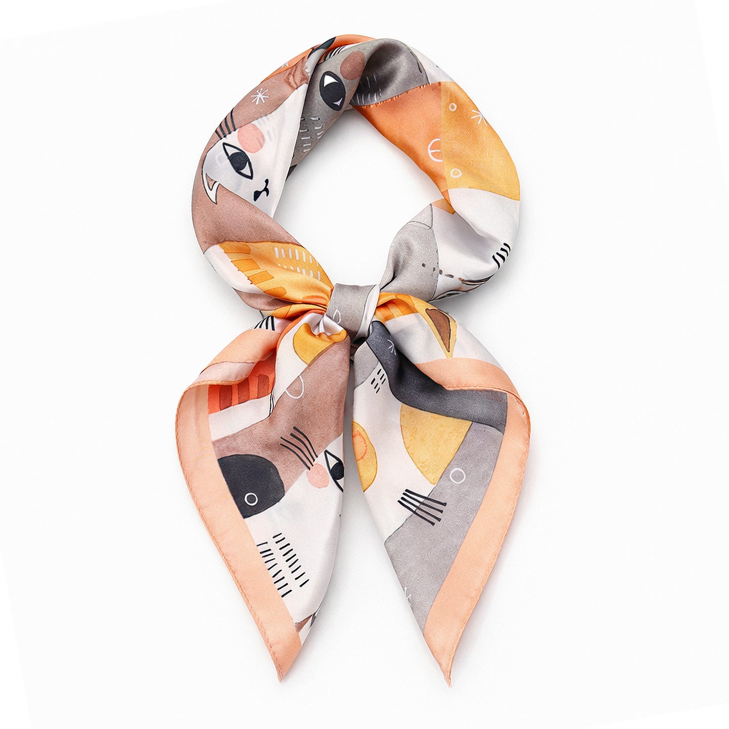 Square Cat Print Silk Feel Satin Scarf Cute Animal Neck Wrap 27.5 Inch