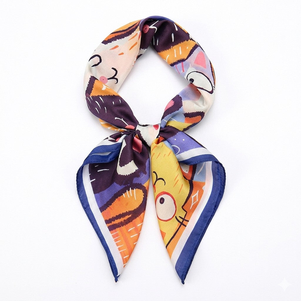 Square Cat Print Silk Feel Satin Scarf Cute Animal Neck Wrap 27.5 Inch