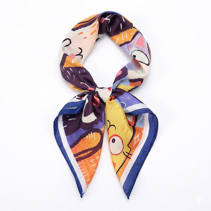 Square Cat Print Silk Feel Satin Scarf Cute Animal Neck Wrap 27.5 Inch