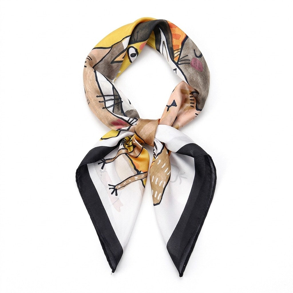 Square Cat Print Silk Feel Satin Scarf Cute Animal Neck Wrap 27.5 Inch