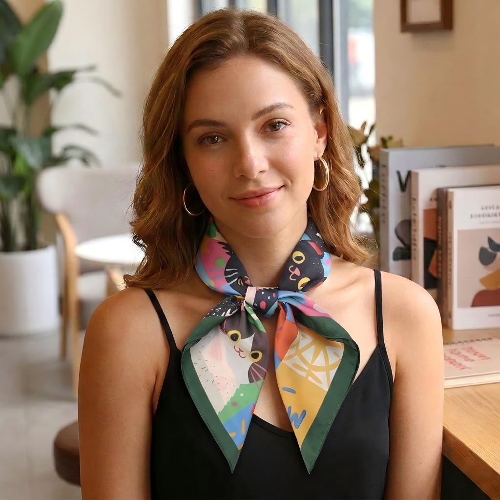 Square Cat Print Silk Feel Satin Scarf Cute Animal Neck Wrap 27.5 Inch