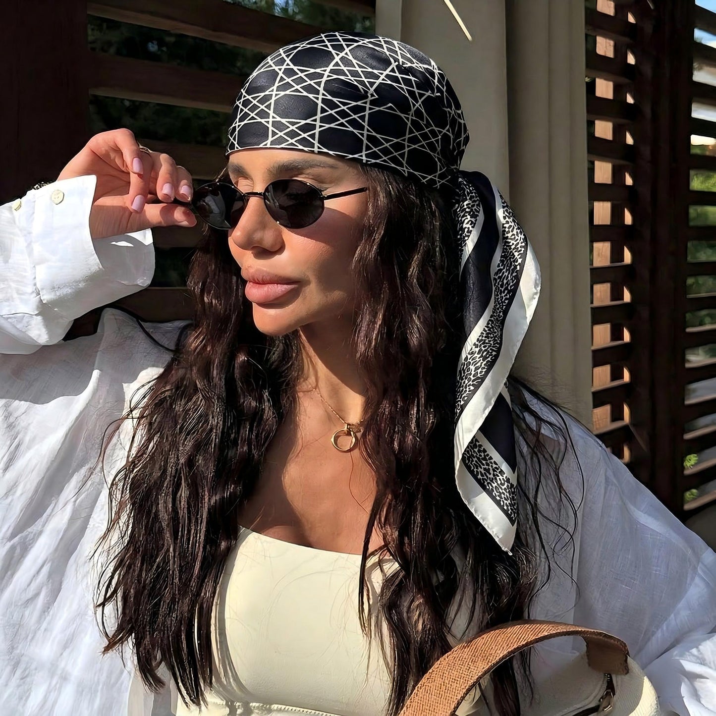 Square Geometric Satin Scarf Silk Feel Head Wrap Bandana 35 Inch