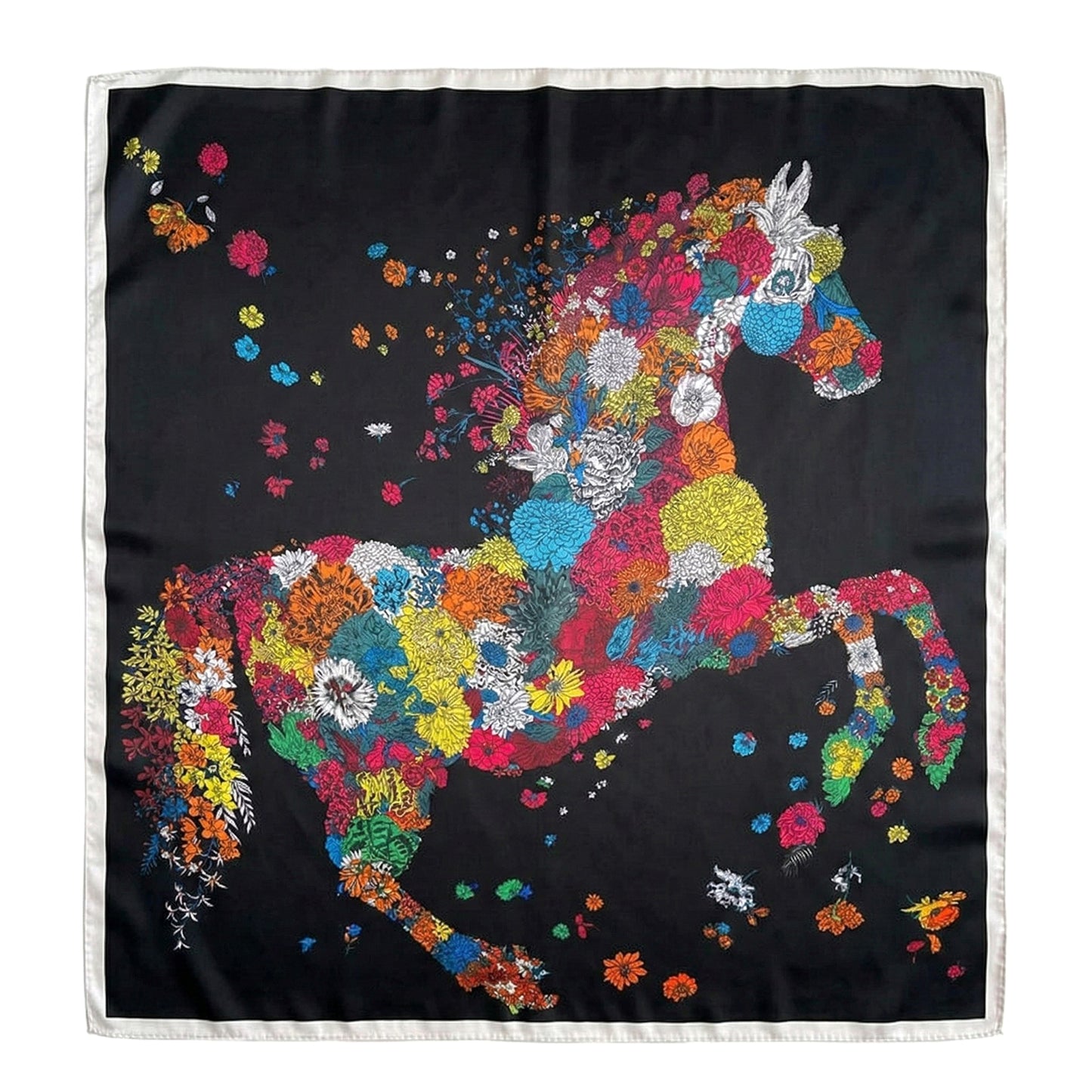Square Floral Horse Silk Feel Satin Scarf Lightweight Wrap 27.5 Inch