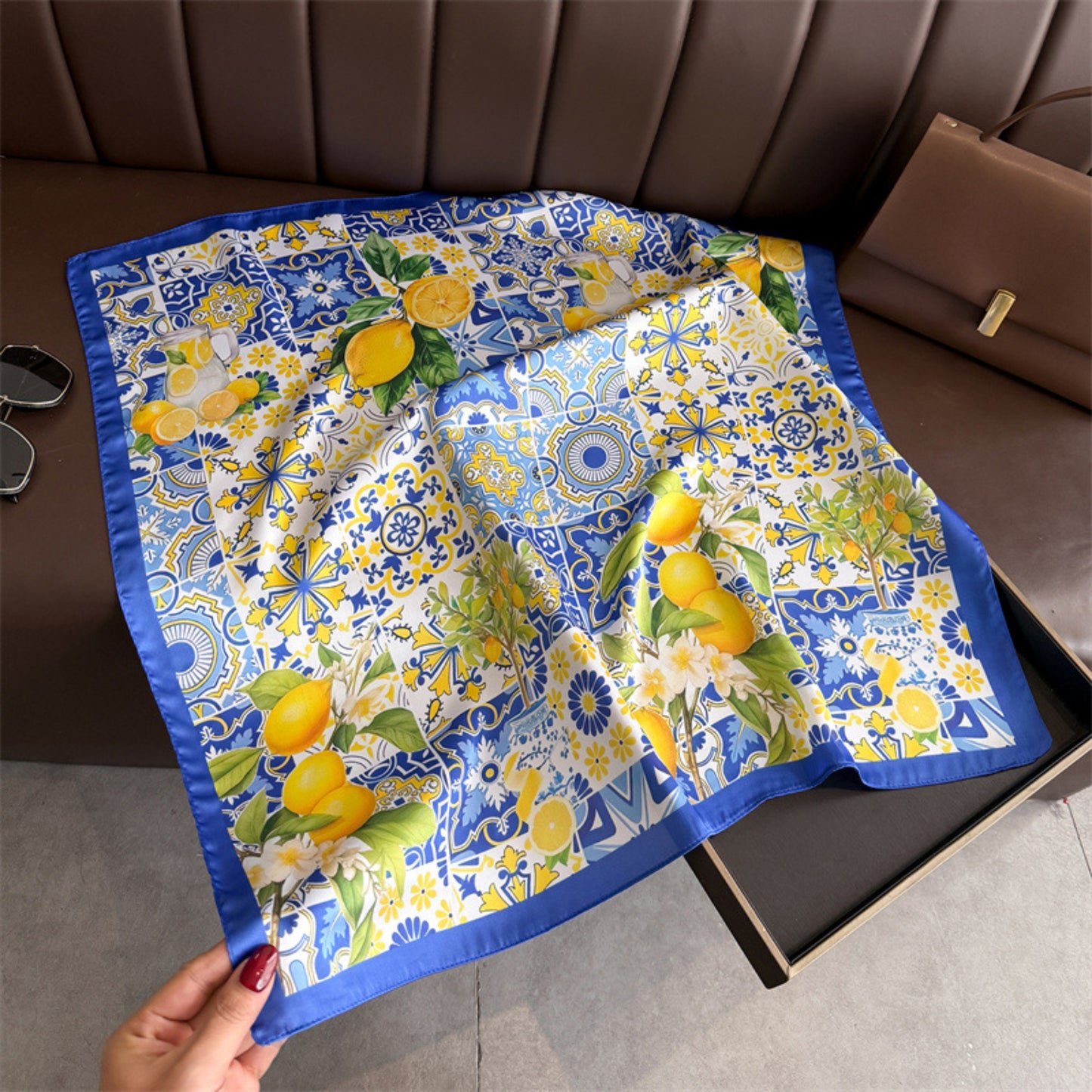 Square Satin Scarf Floral Lemon Print Lightweight Hair Neck Accessory