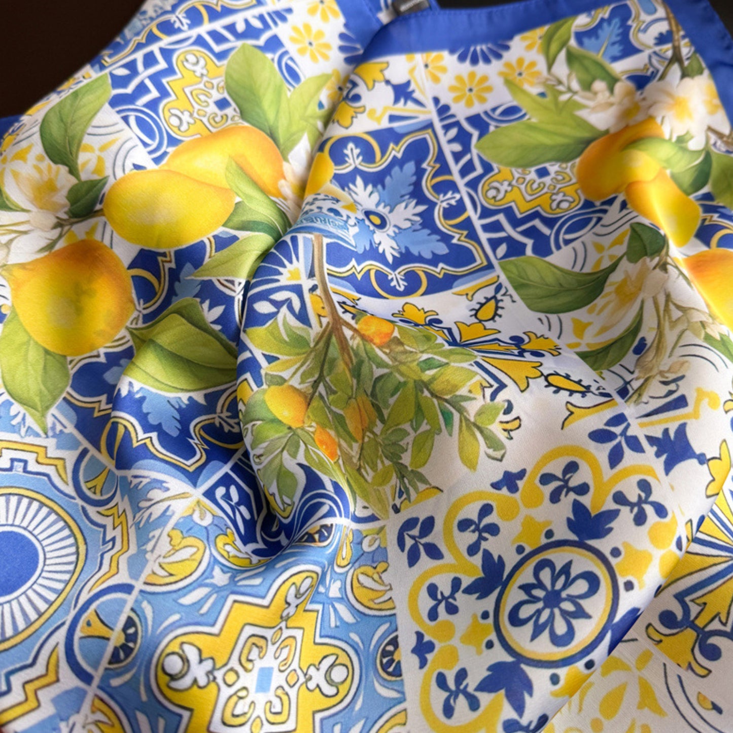 Square Satin Scarf Floral Lemon Print Lightweight Hair Neck Accessory