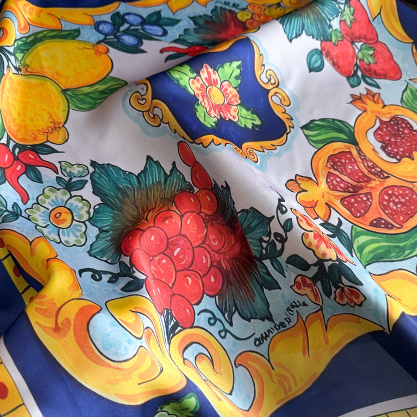 Square Satin Scarf Floral Lemon Print Lightweight Hair Neck Accessory