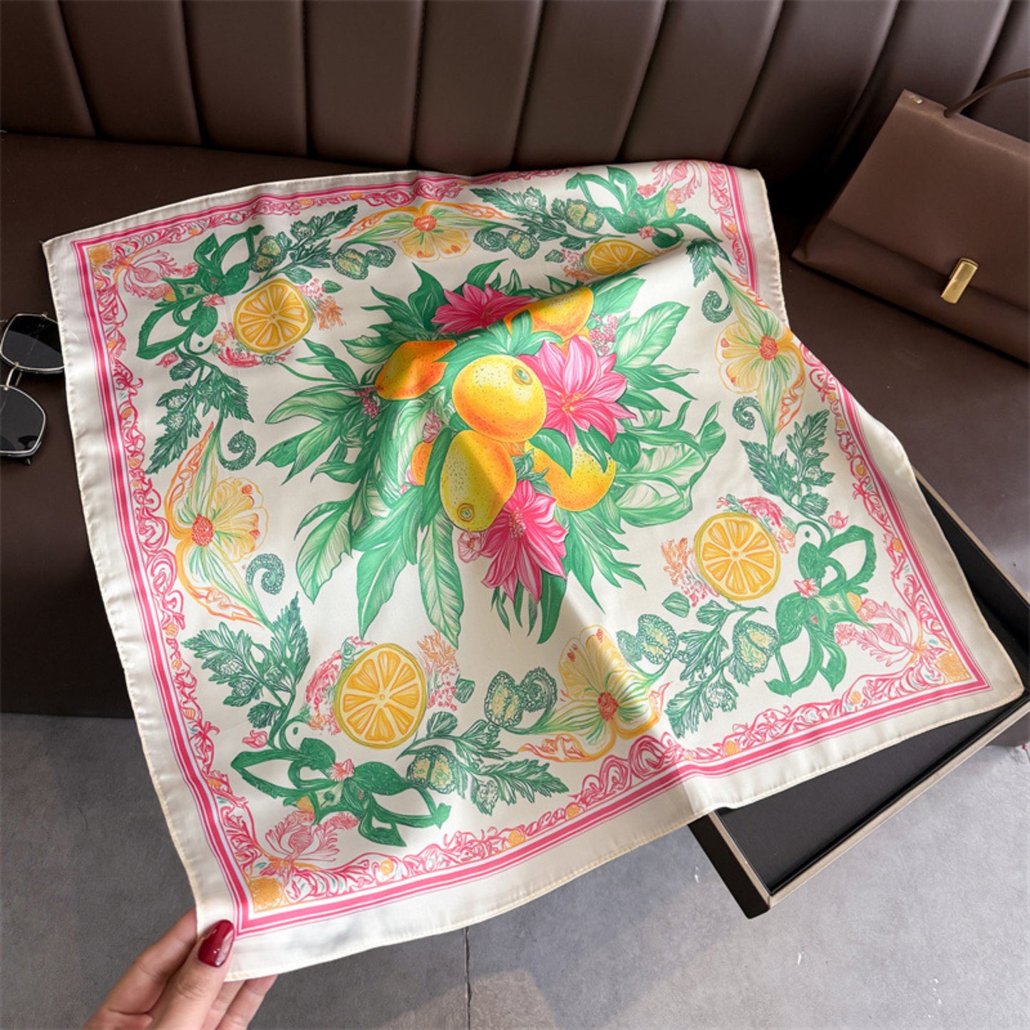 Square Satin Scarf Floral Lemon Print Lightweight Hair Neck Accessory