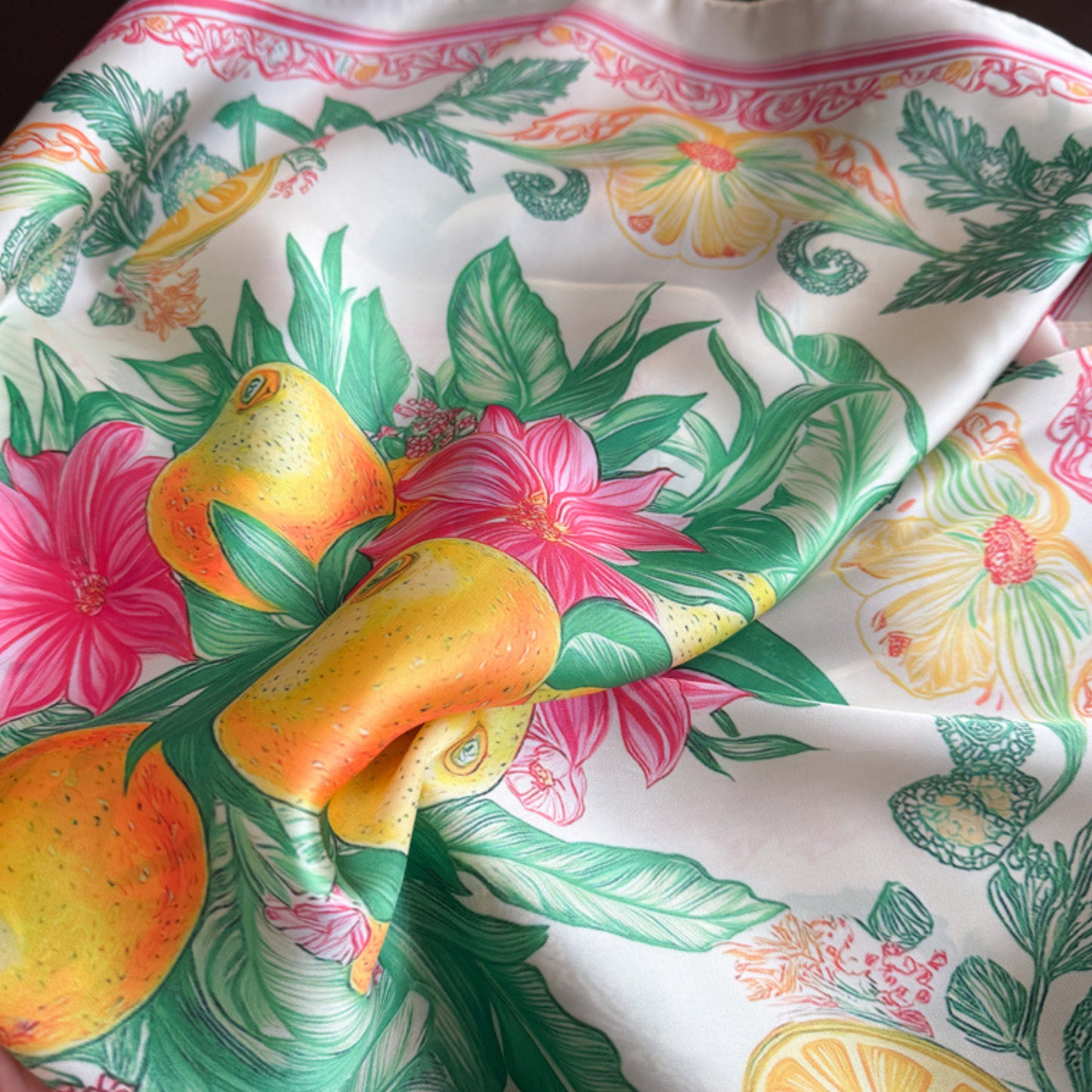 Square Satin Scarf Floral Lemon Print Lightweight Hair Neck Accessory