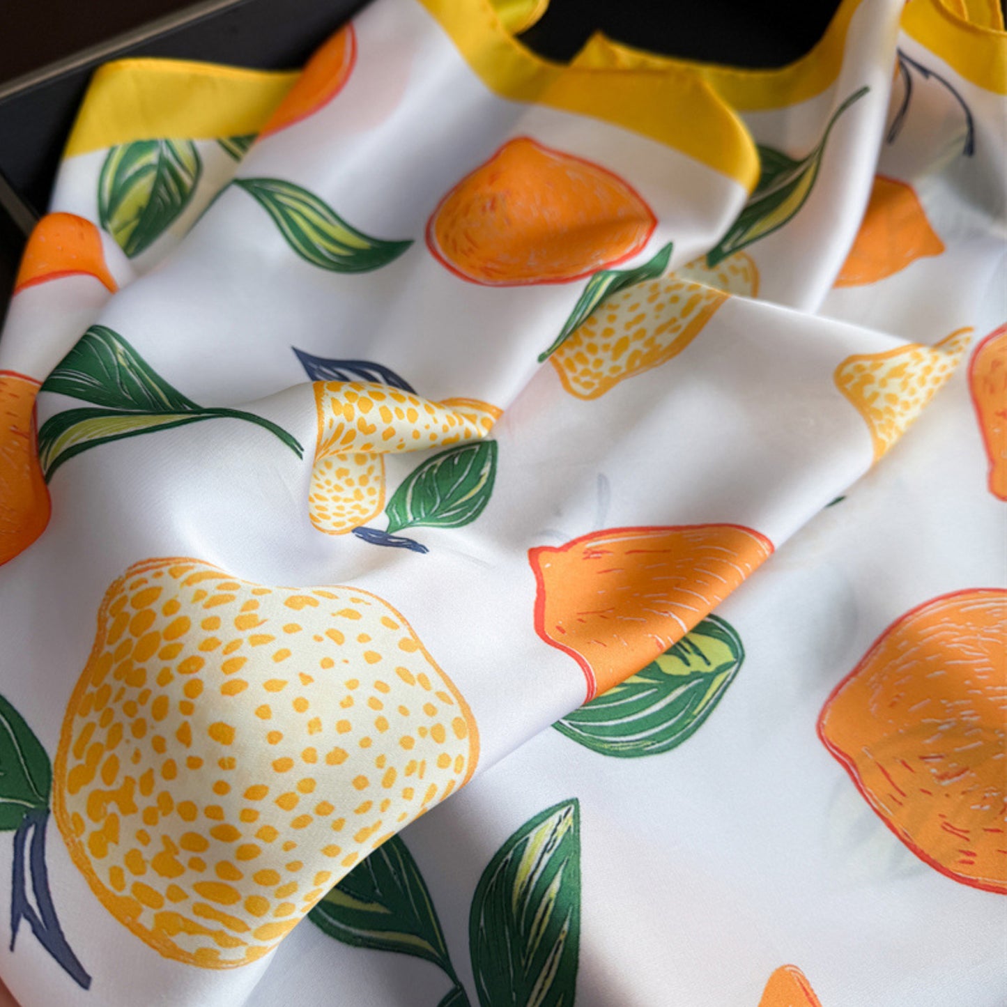 Square Satin Scarf Floral Lemon Print Lightweight Hair Neck Accessory