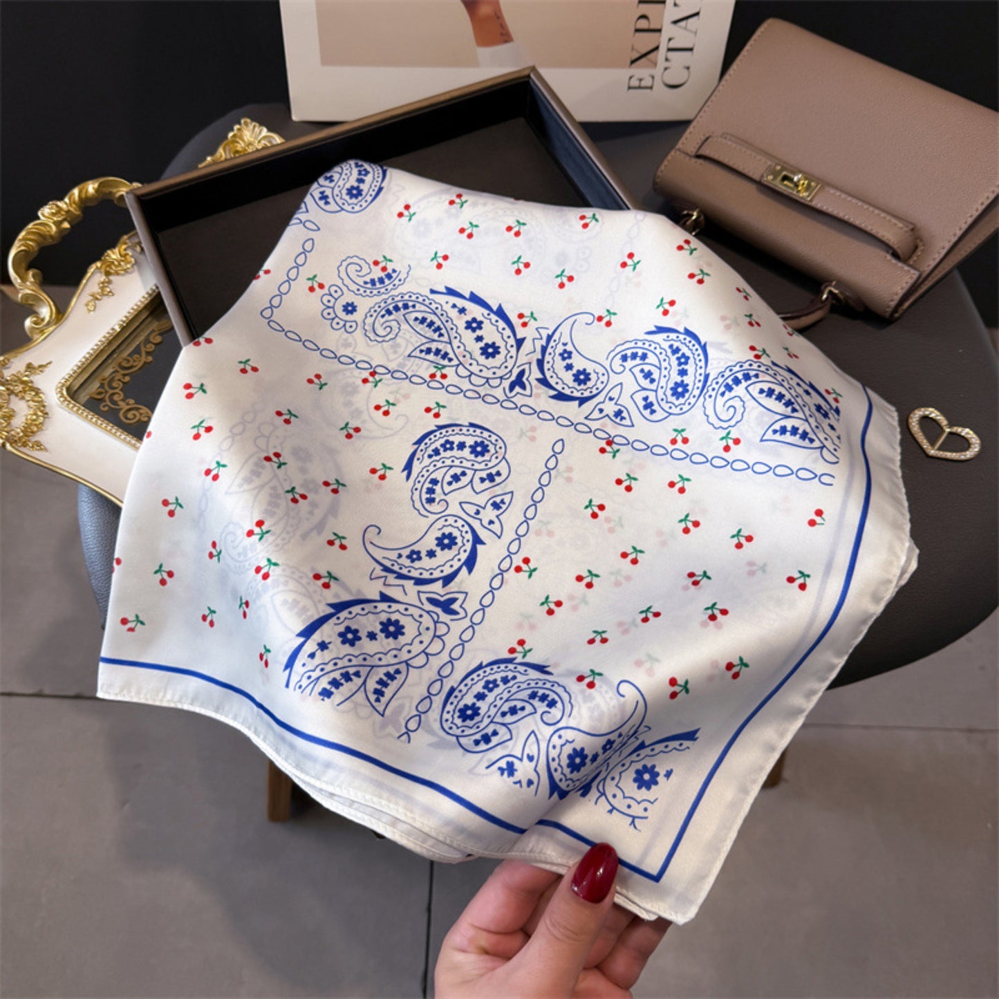Paisley Cherry Print Square Satin Scarf Lightweight Hair Neck Accessory