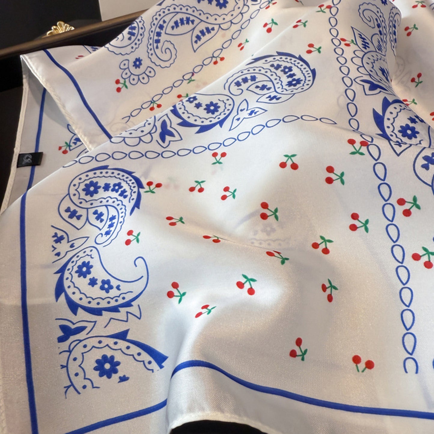 Paisley Cherry Print Square Satin Scarf Lightweight Hair Neck Accessory