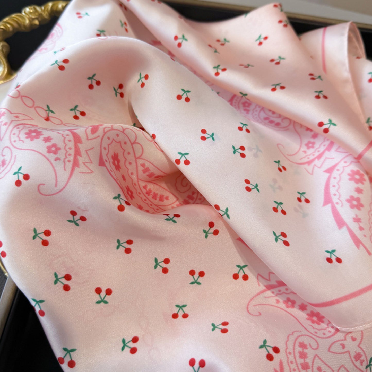 Paisley Cherry Print Square Satin Scarf Lightweight Hair Neck Accessory