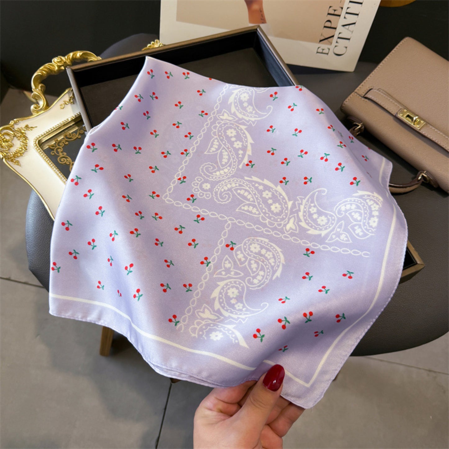 Paisley Cherry Print Square Satin Scarf Lightweight Hair Neck Accessory