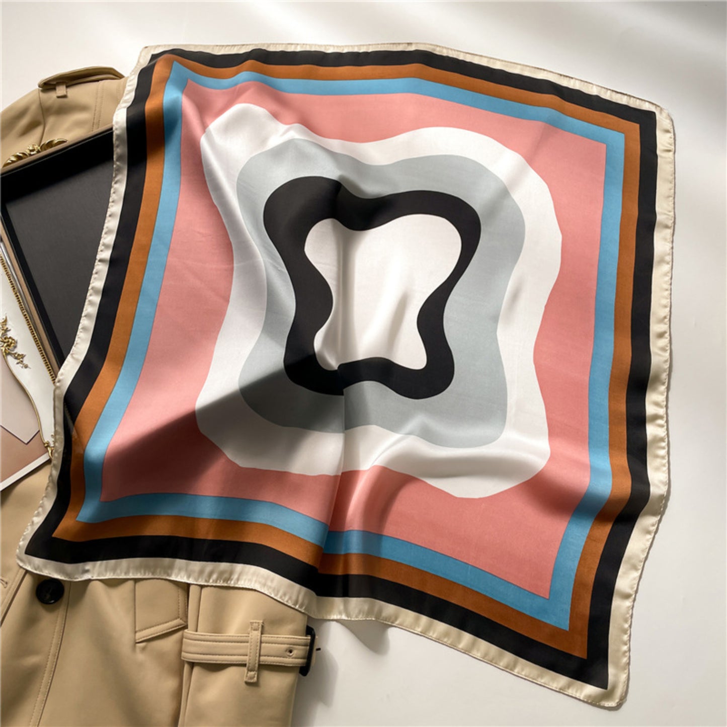 Geometric Color Block Square Satin Scarf Lightweight Hair Neck Accessory